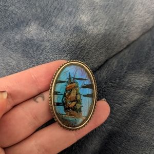 Sterling silver morpho butterfly reverse painted ship brooch/pendant